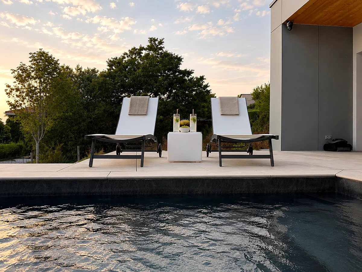 Transats et bains de soleil au bord de la piscine